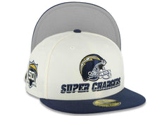 Load image into Gallery viewer, Los Angeles Chargers New Era NFL 59FIFTY 5950 Fitted Cap Hat Cream Crown Navy Blue Visor Super Chargers Script Helmet Logo 50th Anniversary Side Patch
