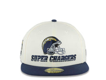 Load image into Gallery viewer, Los Angeles Chargers New Era NFL 59FIFTY 5950 Fitted Cap Hat Cream Crown Navy Blue Visor Super Chargers Script Helmet Logo 50th Anniversary Side Patch
