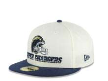 Load image into Gallery viewer, Los Angeles Chargers New Era NFL 59FIFTY 5950 Fitted Cap Hat Cream Crown Navy Blue Visor Super Chargers Script Helmet Logo 50th Anniversary Side Patch
