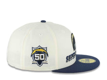 Load image into Gallery viewer, Los Angeles Chargers New Era NFL 59FIFTY 5950 Fitted Cap Hat Cream Crown Navy Blue Visor Super Chargers Script Helmet Logo 50th Anniversary Side Patch
