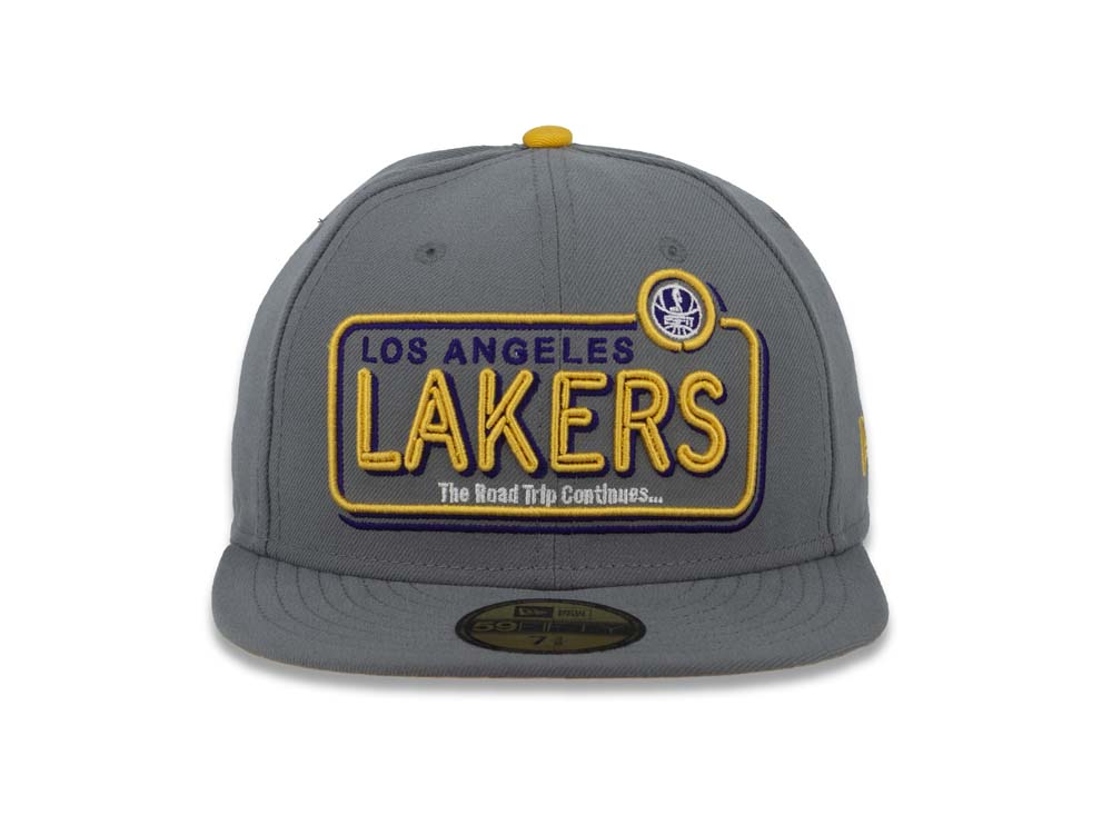Los Angeles Lakers New Era NBA 59FIFTY 5950 Fitted Cap Hat Gray Crown/Visor Team Color Neon Text Logo
