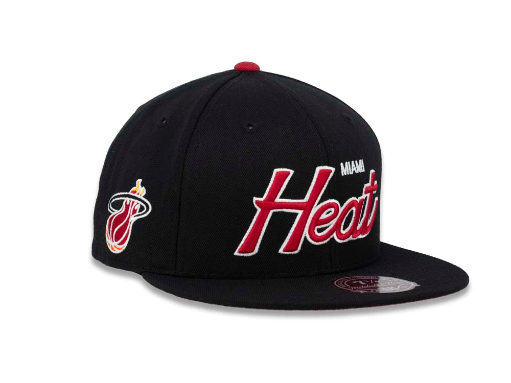 Miami Heat Mitchell & Ness NBA Fitted Cap Hat Black Crown/Visor Red/White Text/Script Logo