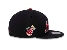 Load image into Gallery viewer, Miami Heat Mitchell &amp; Ness NBA Fitted Cap Hat Black Crown/Visor Red/White Text/Script Logo
