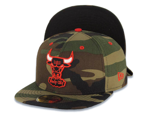 Chicago Bulls New Era NBA 59FIFTY 5950 Fitted Cap Hat Camo Crown/Visor Red/Black/White Logo Camo Pop