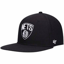 Load image into Gallery viewer, Brooklyn Nets &#39;47 Brand NBA Snapback Cap Hat Black Crown/Visor Black/White Logo (No Shot)
