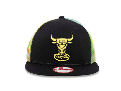 Chicago Bulls New Era NBA 9FIFTY 950 Snapback Mesh/Trucker Cap Hat Black/Tie Die Crown Black Visor Black/Yellow Logo (Clear Pop)