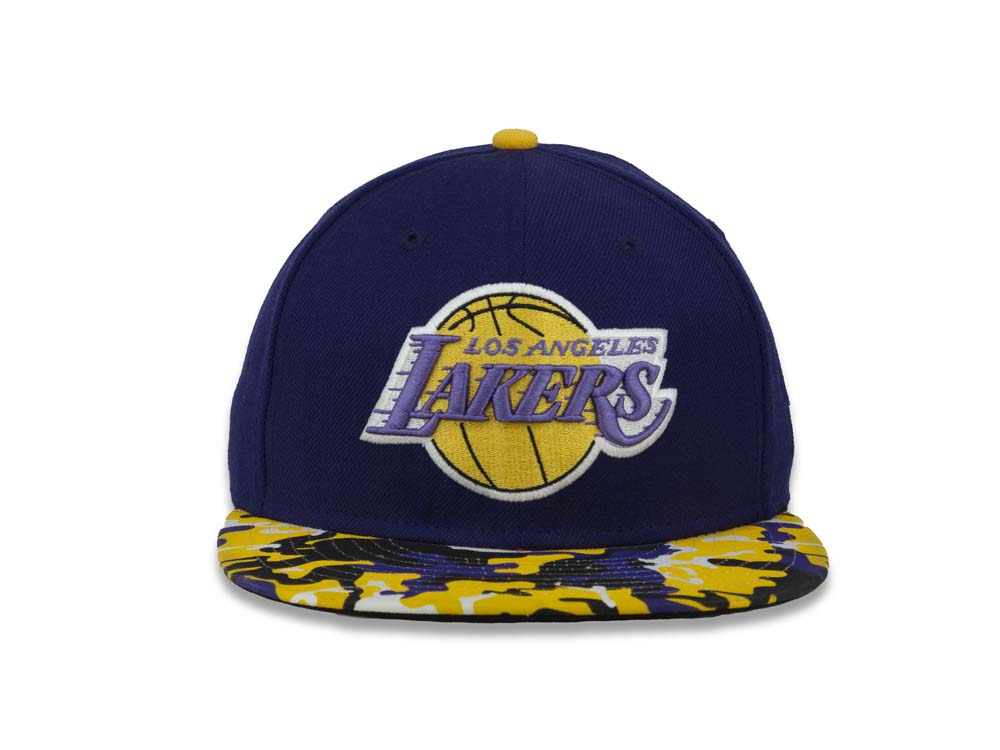 Los Angeles Lakers New Era NBA 59FIFTY 5950 Fitted Cap Hat Purple Crown Yello/Purple Camo Visor Team Color Logo