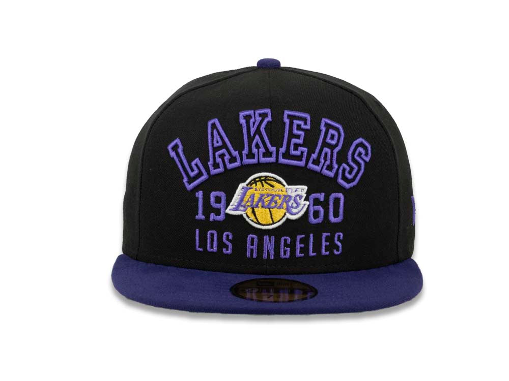 Los Angeles Lakers New Era NBA 59FIFTY 5950 Fitted Cap Hat Black Crown Purple Visor Team Color Text Logo (Word Knock)
