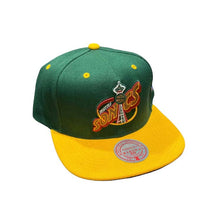 Load image into Gallery viewer, Seattle Supersonics Mitchell &amp; Ness NBA Snapback Lotto Cap Hat Green Crown Yellow Visor Team Color Logo
