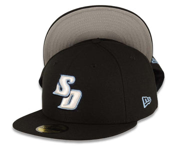 University of San Diego Toreros New Era NCAA 59FIFTY 5950 Fitted Cap Hat Black Crown/Visor White/Sky Blue Logo Gray UV