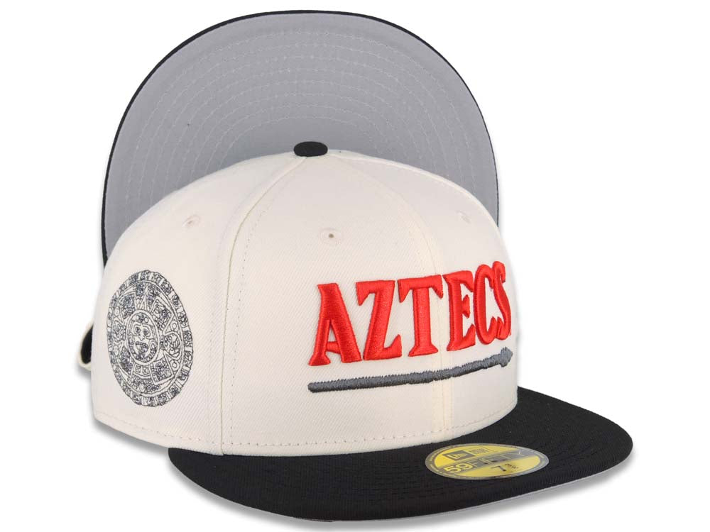 San Diego State Aztecs New Era NCAA 59FIFTY 5950 Fitted Cap Hat Cream Crown Nlack Visor Red/Black Text Logo Calender Side Patch