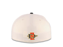 Load image into Gallery viewer, San Diego State Aztecs New Era NCAA 59FIFTY 5950 Fitted Cap Hat Cream Crown Nlack Visor Red/Black Text Logo Calender Side Patch
