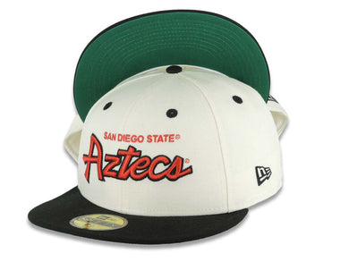 San Diego State Aztecs New Era NCAA 59FIFTY 5950 Fitted Cap Hat Cream Crown Black Visor Red/Black Text/Script Logo Green UV