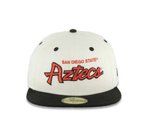 Load image into Gallery viewer, San Diego State Aztecs New Era NCAA 59FIFTY 5950 Fitted Cap Hat Cream Crown Black Visor Red/Black Text/Script Logo Green UV
