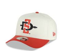 Load image into Gallery viewer, San Diego State Aztecs New Era NCAA 9FORTY 940 Adjustable A-Frame Cap Hat Cream Crown Red Visor Team Color Logo Aztec Calendar Side Patch
