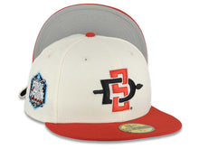 Load image into Gallery viewer, San Diego State Aztecs New Era NCAA 59FIFTY 5950 Fitted Cap Hat Cream Crown Red Visor Black/Red Logo 2023 Final Four Houston Side Patch

