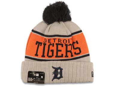 Detroit Tigers New Era MLB Cuffed Pom Beanie/Knit Hat Gray/Orange/Black Crown/Visor Black Logo (Stripe A3)