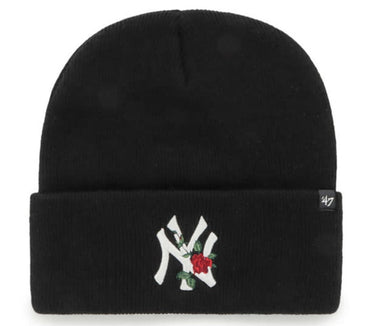 New York Yankees '47 Brand MLB Cuffed Knit Beanie Hat Black Crown/Visor White with Red Rose Logo