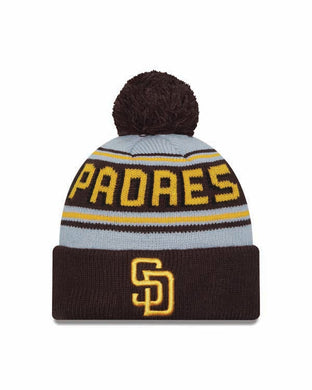 San Diego Padres New Era MLB Cuffed Pom Knit Hat Gray/Brown Crown/Visor Yellow Logo (Word Mark)