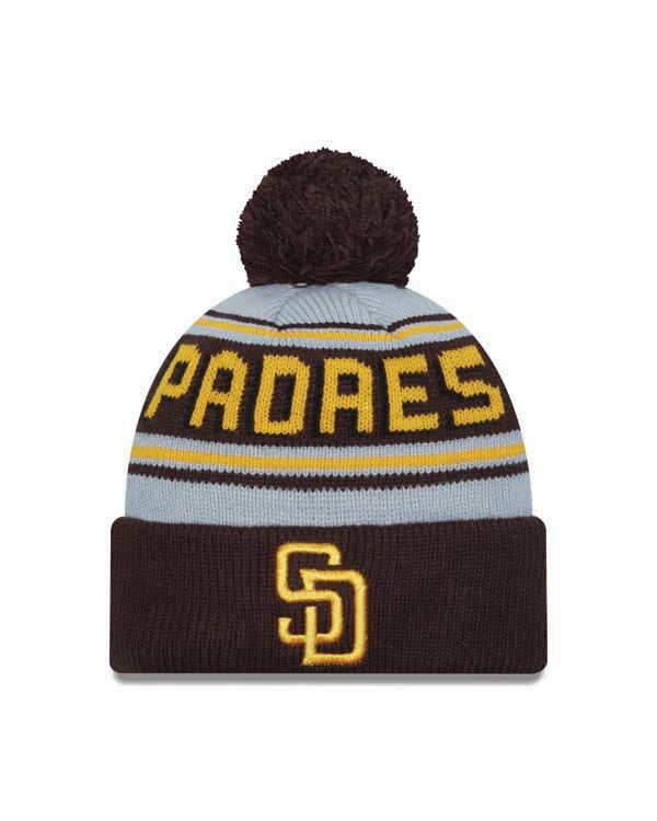 San Diego Padres New Era MLB Cuffed Pom Knit Hat Gray/Brown Crown/Visor Yellow Logo (Word Mark)