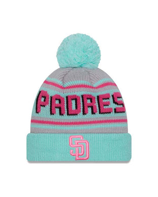 (Youth) San Diego Padres New Era MLB Cuffed Pom Kid Beanie/Knit Hat Teal Crown/Visor Magenta Logo