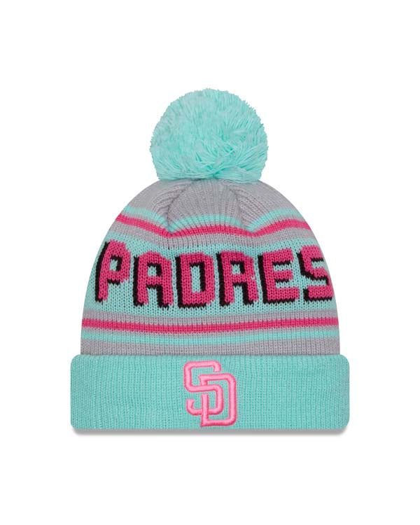 (Youth) San Diego Padres New Era MLB Cuffed Pom Kid Beanie/Knit Hat Teal Crown/Visor Magenta Logo