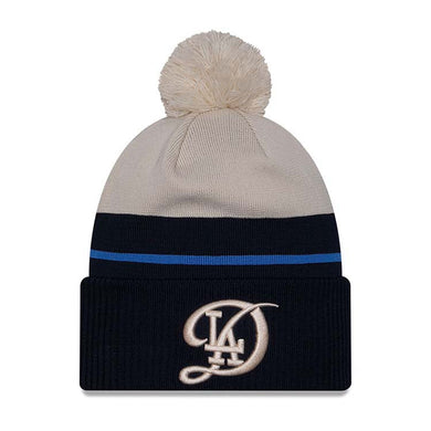 (City Connect) Los Angeles Dodgers New Era MLB Cuffed Pom Knit Hat Cream/Navy Crown/Visor Cream Logo