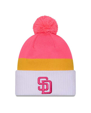 (City Connect) San Diego Padres New Era MLB Cuffed Pom Beanie/Knit Hat Magenta/Yellow/White Crown/Visor Magenta Logo