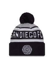 Load image into Gallery viewer, San Diego FC New Era MLS Cuffed Pom Knit Beanie Gray/Navy Blue Crown/Visor White Logo
