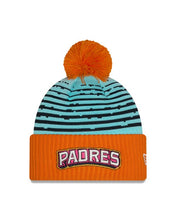Load image into Gallery viewer, San Diego Padres New Era MLB Cuffed Pom Knit Hat Teal/Orange Crown/Visor White/Magenta/Yellow Script Logo (2026 City Connect 2.0)
