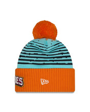 Load image into Gallery viewer, San Diego Padres New Era MLB Cuffed Pom Knit Hat Teal/Orange Crown/Visor White/Magenta/Yellow Script Logo (2026 City Connect 2.0)
