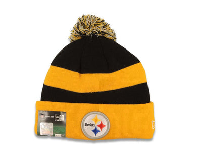 Pittsburgh Steelers New Era NFL Cuffed Pom Beanie/Knit Hat Sideline Black/Yellow Crown/Visor Team Color Logo