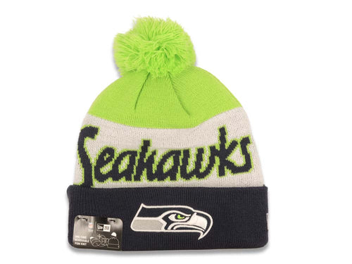 Seattle Seahawks New Era NFL Cuffed Pom Script A3 Beanie/Knit Hat Green/White/Navy Blue Crown/Visor Team Color Logo