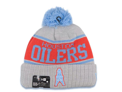 Houston Oilers New Era Cuffed Pom Stripe A3 Beanie/Knit Hat Gray/Sky Blue/Red Crown/Visor Team Color Logo