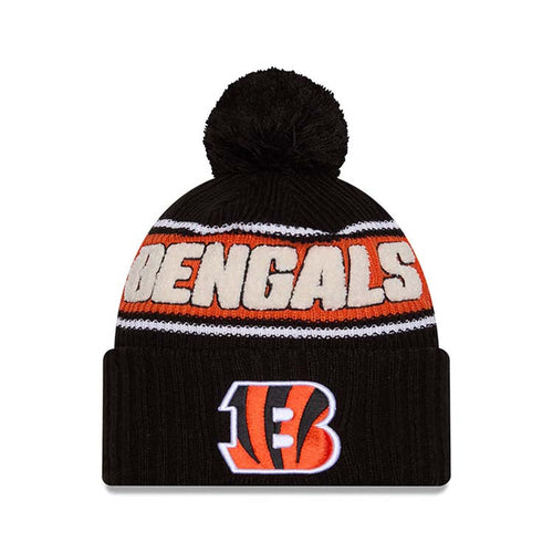 Cincinnati Bengals New Era NFL Cuffed Pom Beanie/Knit Hat Black/Orange Crown/Visor Team Color Logo (2024 Sideline)