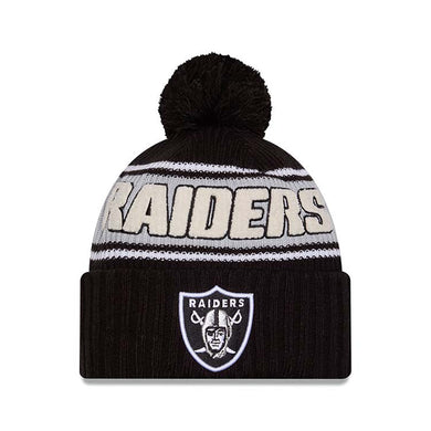 Las Vegas Raiders New Era Cuffed Pom Beanie/Knit Hat Black/White Crown/Visor Team Color Logo (2024 Sideline)