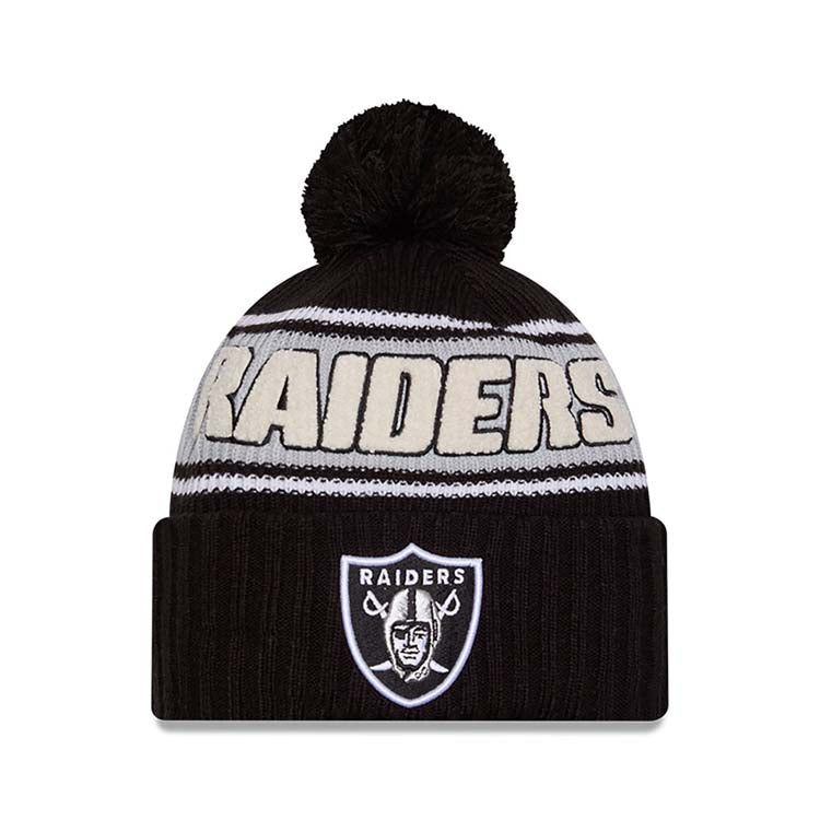 Las Vegas Raiders New Era Cuffed Pom Beanie/Knit Hat Black/White Crown/Visor Team Color Logo (2024 Sideline)