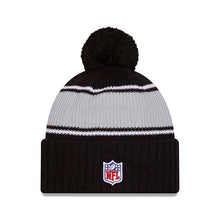Load image into Gallery viewer, Las Vegas Raiders New Era Cuffed Pom Beanie/Knit Hat Black/White Crown/Visor Team Color Logo (2024 Sideline)
