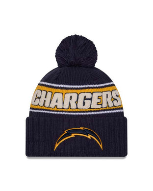 Los Angeles Chargers New Era NFL Cuffed Pom Beanie/Knit Hat Navy Blue/Yellow Crown/Visor Team Color Logo (2024 Sideline)