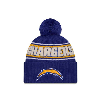 Los Angeles Chargers New Era NFL Cuffed Pom Knit Hat Royal Blue/Yellow Crown/Visor Team Color Logo (2024 Sideline)
