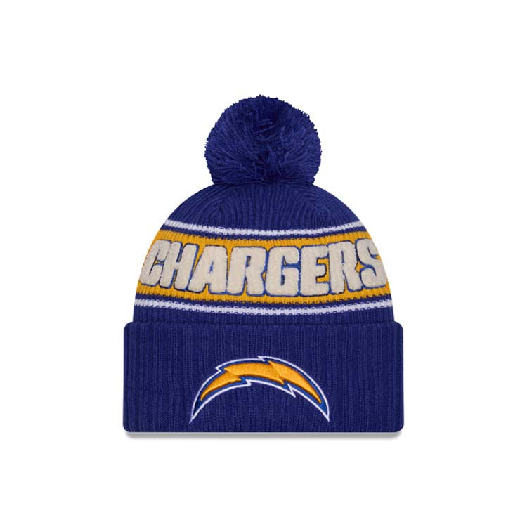 Los Angeles Chargers New Era NFL Cuffed Pom Knit Hat Royal Blue/Yellow Crown/Visor Team Color Logo (2024 Sideline)