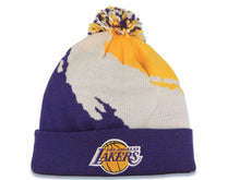 Load image into Gallery viewer, Los Angeles Lakers Mitchell &amp; Ness NBA Pom Paint Knit Beanie Yellow/White/Purple Crown/Visor Team Color Logo
