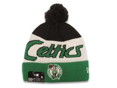 Boston Celtics New Era NBA Cuffed Pom Script A3 Beanie/Knit Hat Black/White/Green Crown/Visor Team Color Logo