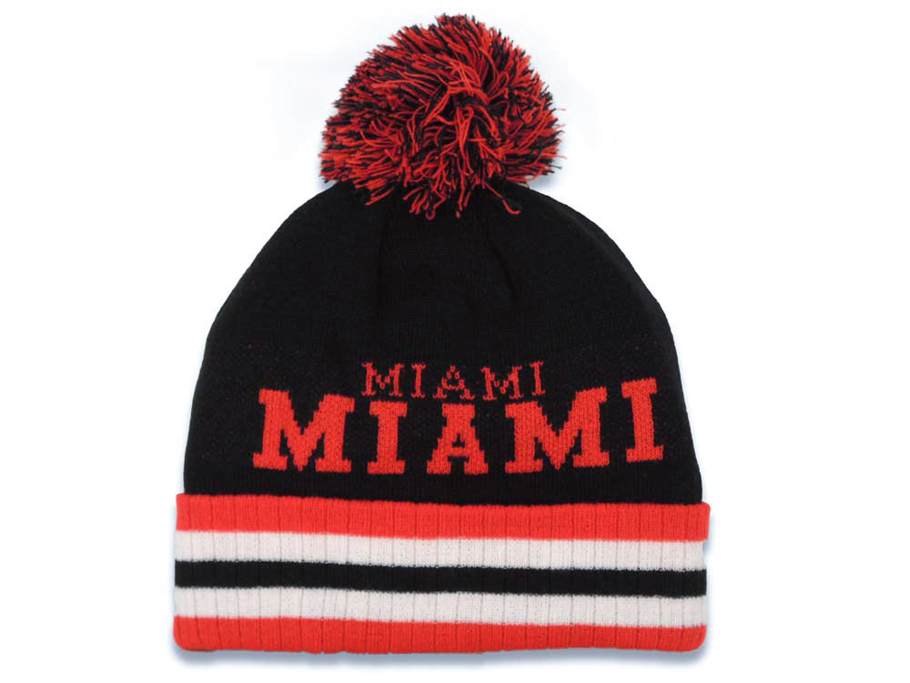 Miami Cuffed Pom CH Stripe Red/Black/White Crown/Visor Team Color Logo