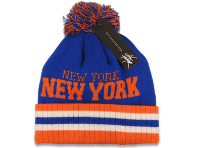 New York Royal Stripe Pom Beanie/Knit Blue/Orange Crown/Visor Team Color Logo