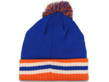 Load image into Gallery viewer, New York Royal Stripe Pom Beanie/Knit Blue/Orange Crown/Visor Team Color Logo
