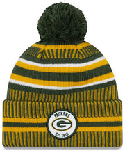 Load image into Gallery viewer, Green Bay Packers New Era NFL Cuffed Pom Knit Beanie Hat Green/Yellow Crown/Visor Team Color Logo (2019 Sideline)
