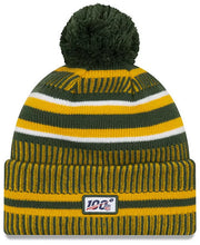 Load image into Gallery viewer, Green Bay Packers New Era NFL Cuffed Pom Knit Beanie Hat Green/Yellow Crown/Visor Team Color Logo (2019 Sideline)
