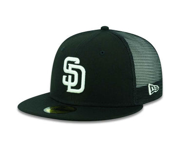 San Diego Padres New Era MLB 59Fifty 5950 Fitted Mesh Trucker Cap Hat Black Crown/Visor Black Logo 