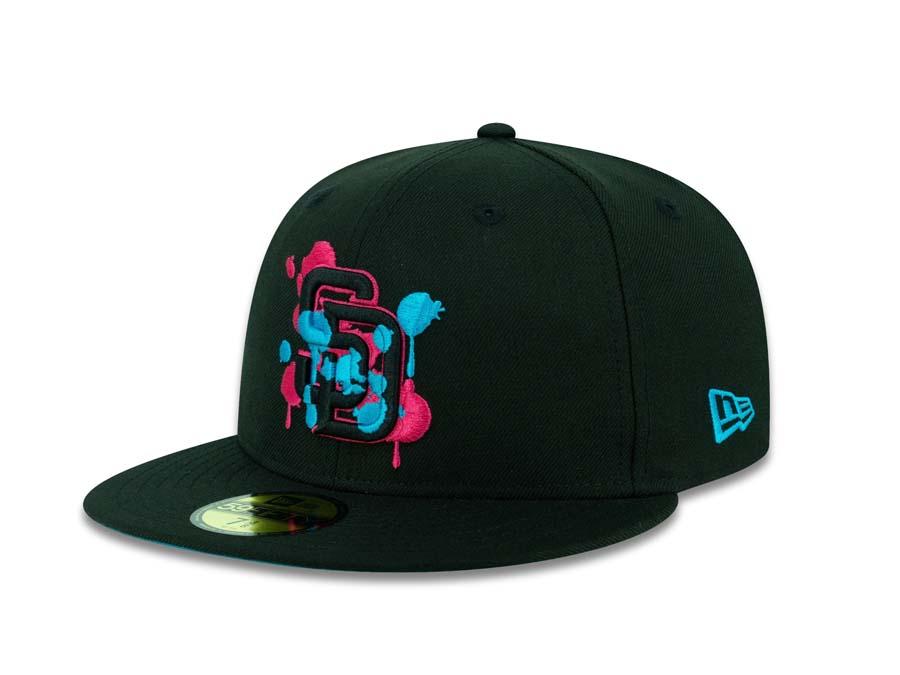 San Diego Padres New Era MLB 59Fifty 5950 Fitted Cap Hat Black Crown/Visor Black/Turquoise/Magenta Paint Splatter Logo